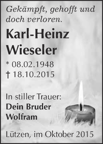 Traueranzeige von Karl-Heinz Wieseler von WVG - Wochenspiegel NMB / WSF / ZTZ