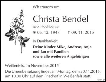 Traueranzeige von Christa Bendel von WVG - Wochenspiegel NMB / WSF / ZTZ