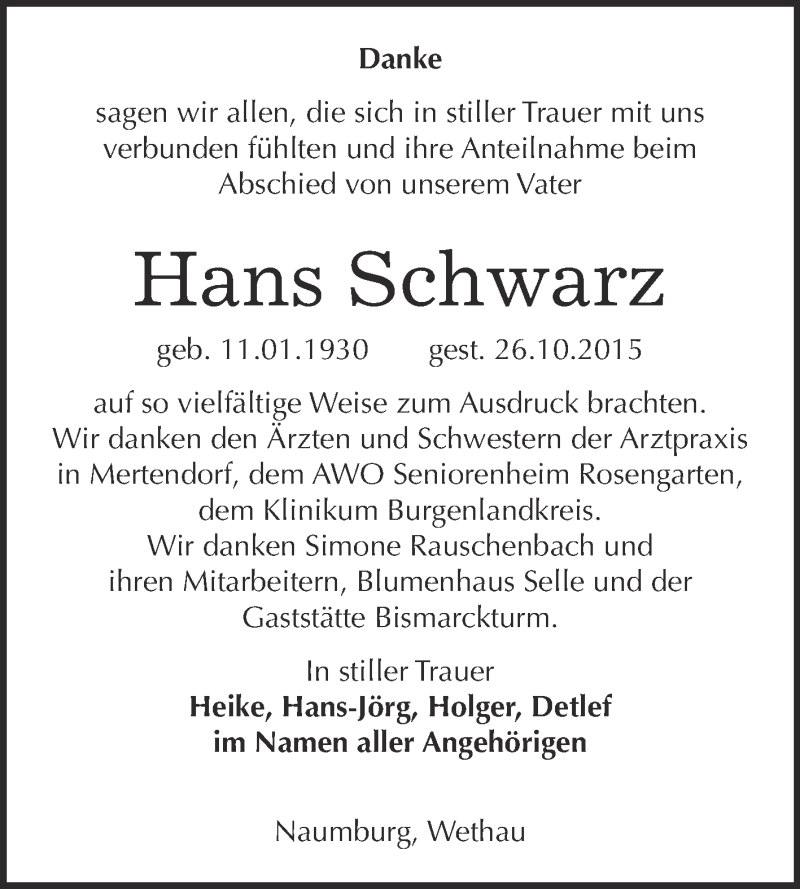  Traueranzeige für Hans Schwarz vom 11.11.2015 aus WVG - Wochenspiegel NMB / WSF / ZTZ