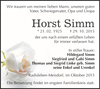 Traueranzeige von Horst Simm von WVG - Wochenspiegel Quedlinburg
