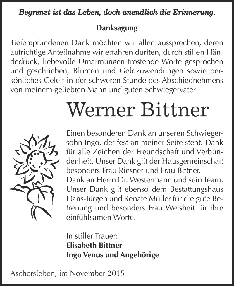  Traueranzeige für Werner Bittner vom 11.11.2015 aus Super Sonntag Aschersleben