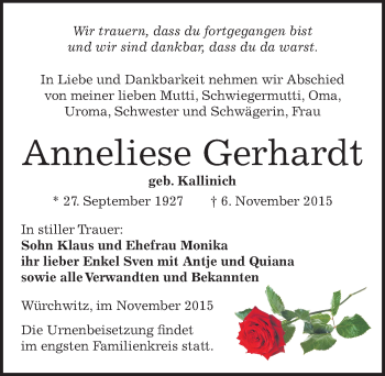 Traueranzeige von Anneliese Gerhardt von Mitteldeutsche Zeitung Zeitz