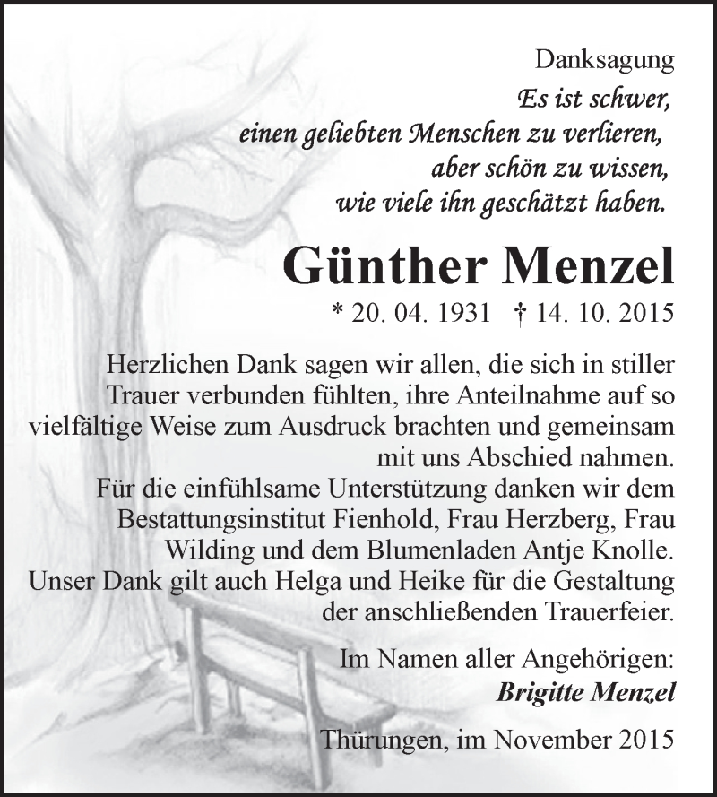  Traueranzeige für Günther Menzel vom 11.11.2015 aus WVG - Wochenspiegel SGH