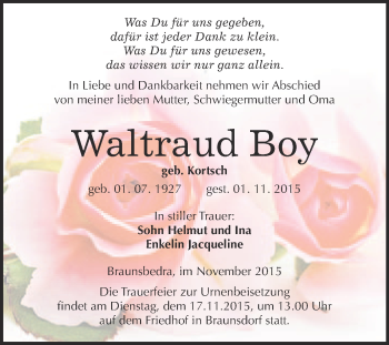 Traueranzeige von Waltraud Boy von WVG - Wochenspiegel Merseburg