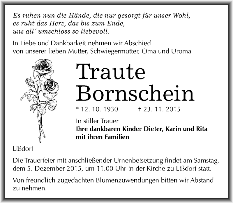  Traueranzeige für Traute Bornschein vom 28.11.2015 aus Mitteldeutsche Zeitung Naumburg/Nebra