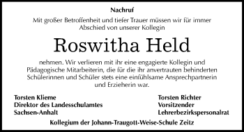 Traueranzeige von Roswitha Held von Mitteldeutsche Zeitung Zeitz