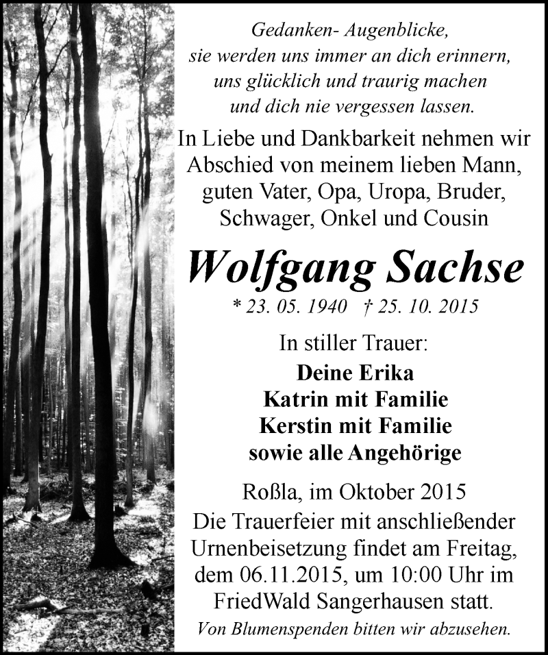  Traueranzeige für Wolfgang Sachse vom 03.11.2015 aus Mitteldeutsche Zeitung Sangerhausen