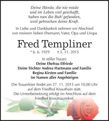 Traueranzeige von Fred Templiner von WVG - Wochenspiegel NMB / WSF / ZTZ