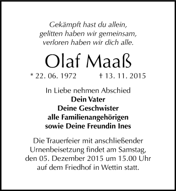 Traueranzeige von Olaf Maaß von Mitteldeutsche Zeitung Halle/Saalkreis