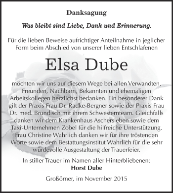 Traueranzeige von Elsa Dube von Super Sonntag SGH Mansf. Land