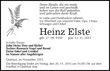 Traueranzeige von Heinz Elste von Mitteldeutsche Zeitung Merseburg/Querfurt