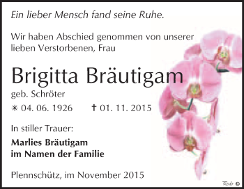 Traueranzeige von Brigitta Bräutigam von WVG - Wochenspiegel NMB / WSF / ZTZ