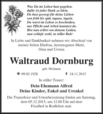 Traueranzeige von Waltraud Dornburg von WVG - Wochenspiegel Dessau / Köthen