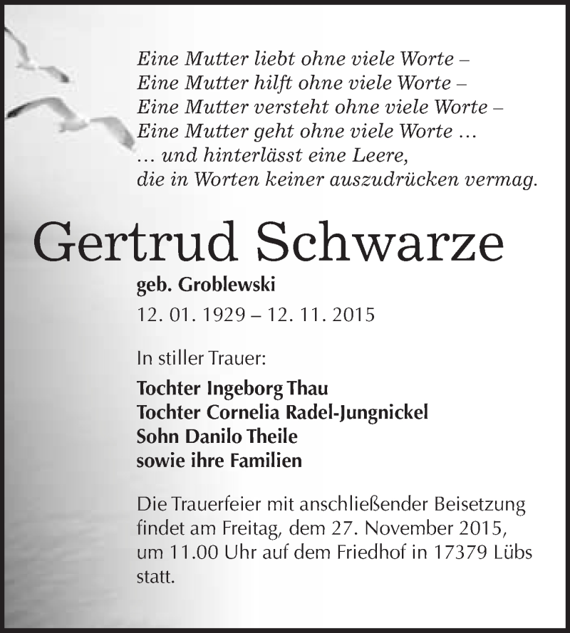  Traueranzeige für Gertrud Schwarze vom 21.11.2015 aus WVG - Wochenspiegel Merseburg