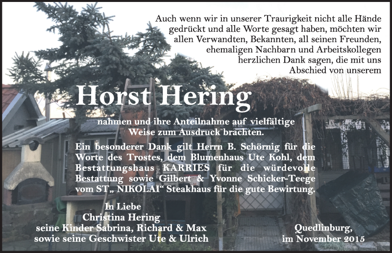  Traueranzeige für Horst Hering vom 14.11.2015 aus Mitteldeutsche Zeitung Quedlinburg