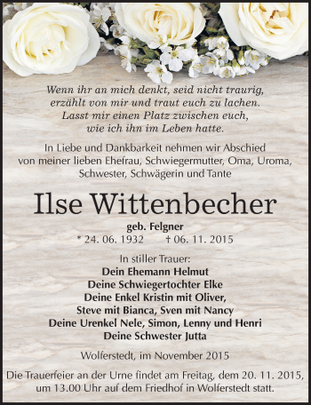 Traueranzeige von Ilse Wittenbecher von Mitteldeutsche Zeitung Sangerhausen