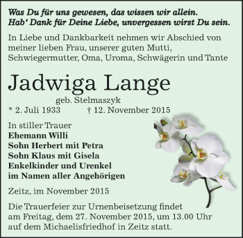 Traueranzeige von Jadwiga Lange von Mitteldeutsche Zeitung Zeitz