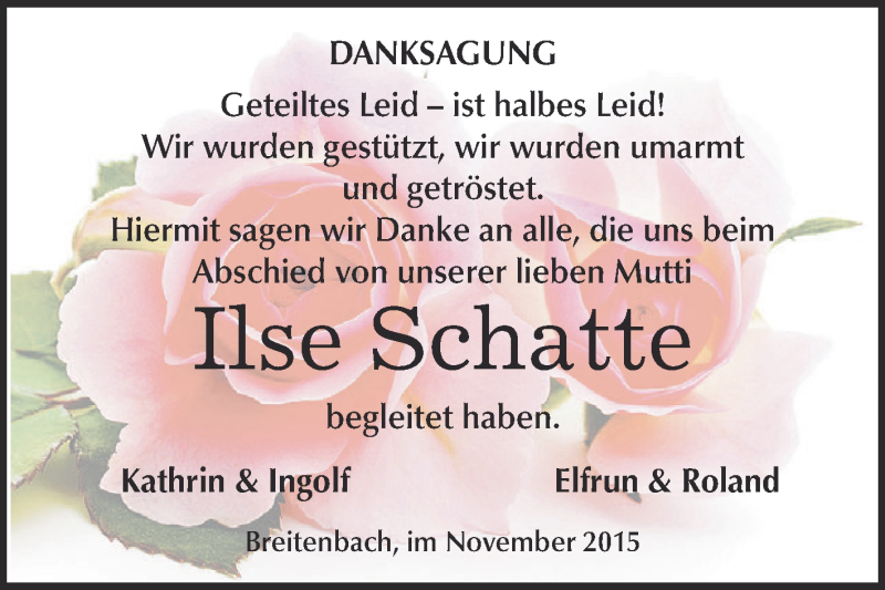  Traueranzeige für Ilse Schatte vom 14.11.2015 aus Super Sonntag Zeitz