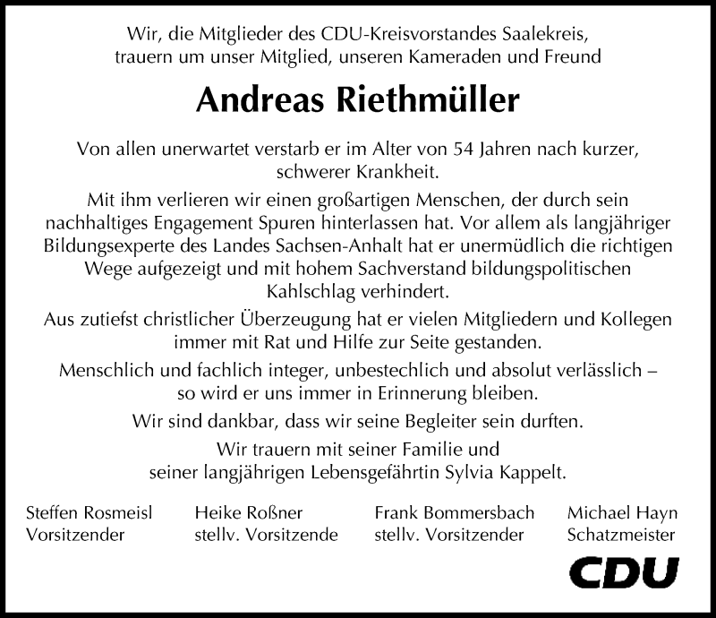  Traueranzeige für Andreas Riethmüller vom 28.11.2015 aus Mitteldeutsche Zeitung