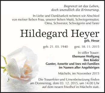 Traueranzeige von Hildegard Heyer von WVG - Wochenspiegel Merseburg