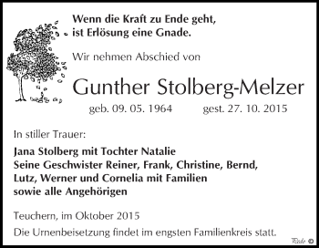 Traueranzeige von Gunther Stolberg-Melzer von WVG - Wochenspiegel NMB / WSF / ZTZ
