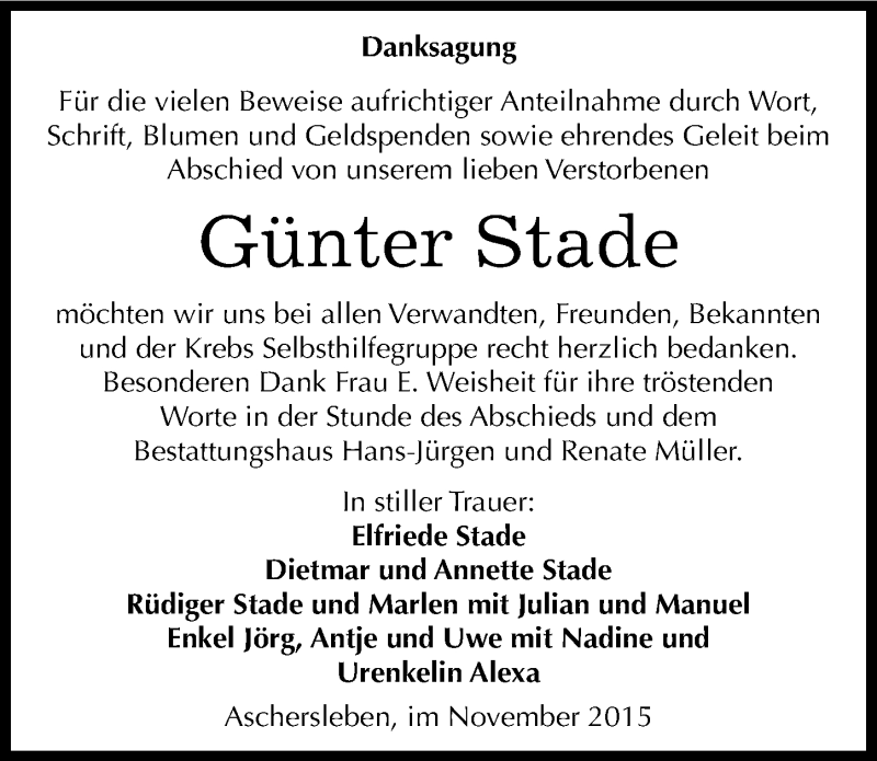  Traueranzeige für Günter Stade vom 04.11.2015 aus Mitteldeutsche Zeitung Aschersleben