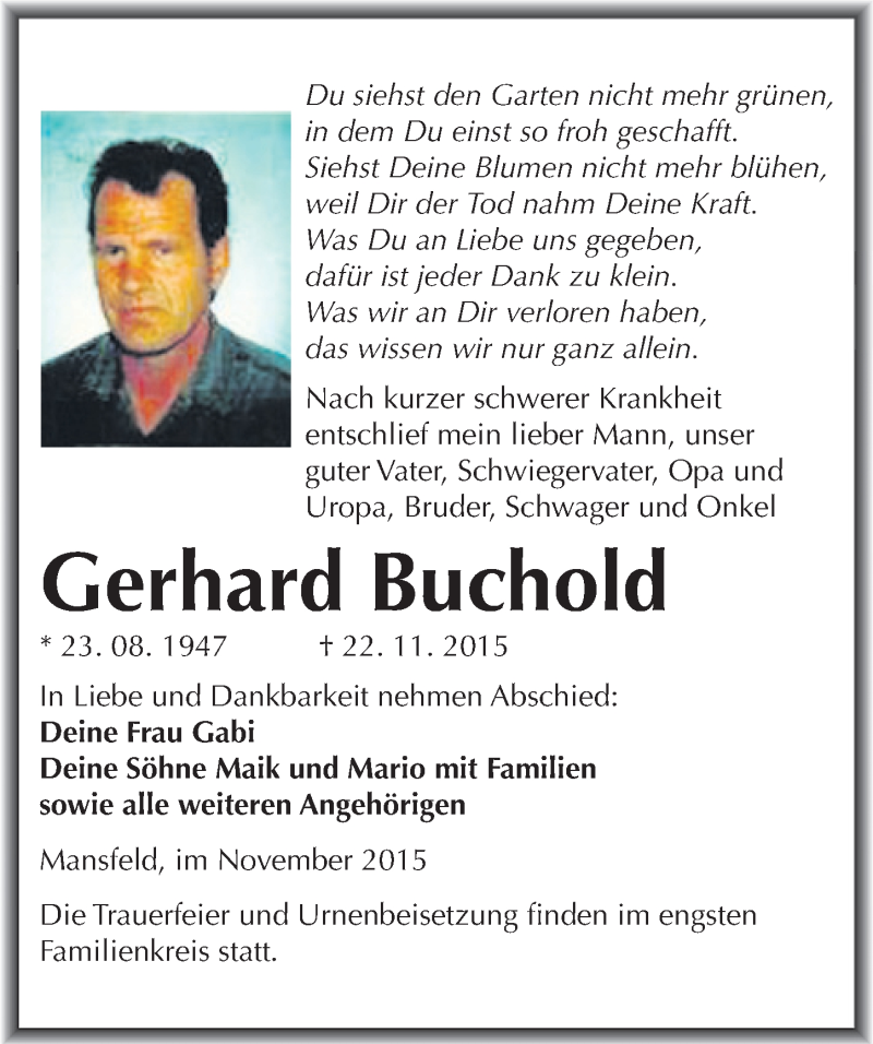  Traueranzeige für Gerhard Buchold vom 26.11.2015 aus Mitteldeutsche Zeitung Mansfelder Land