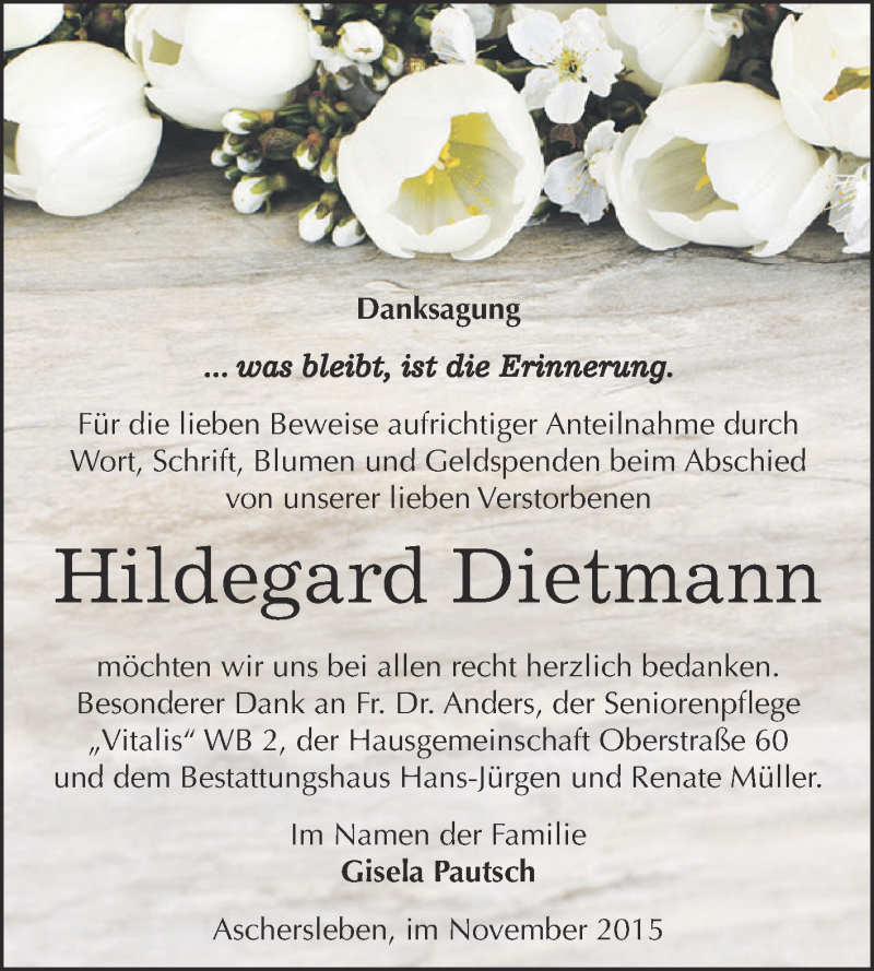  Traueranzeige für Hildegard Dietmann vom 28.11.2015 aus Super Sonntag Aschersleben
