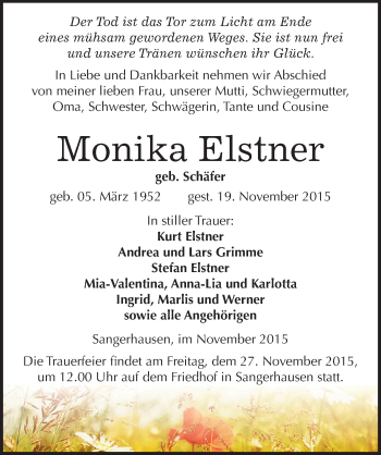 Traueranzeige von Monika Elstner von Mitteldeutsche Zeitung Sangerhausen