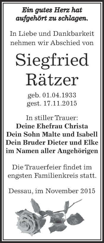 Traueranzeige von Siegfried Rätzer von WVG - Wochenspiegel Dessau / Köthen