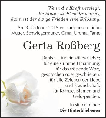Traueranzeige von Gerta Roßberg von WVG - Wochenspiegel NMB / WSF / ZTZ