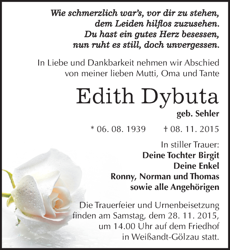  Traueranzeige für Edith Dybuta vom 14.11.2015 aus Mitteldeutsche Zeitung Köthen