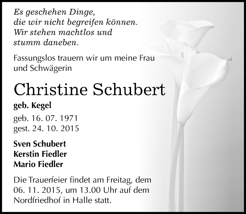  Traueranzeige für Christine Schubert vom 04.11.2015 aus Mitteldeutsche Zeitung Halle/Saalkreis