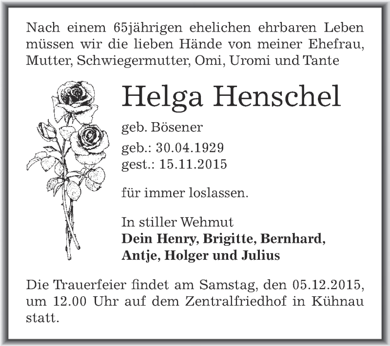  Traueranzeige für Helga Henschel vom 28.11.2015 aus WVG - Wochenspiegel Dessau / Köthen