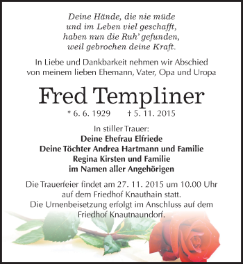 Traueranzeige von Fred Templiner von Mitteldeutsche Zeitung Weißenfels