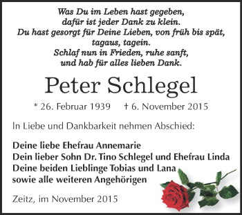 Traueranzeige von Peter Schlegel von Super Sonntag Zeitz