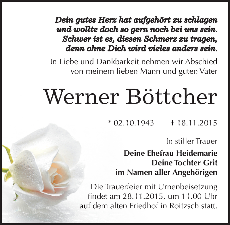  Traueranzeige für Werner Böttcher vom 21.11.2015 aus Mitteldeutsche Zeitung Bitterfeld