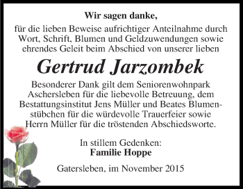 Traueranzeige von Gertrud Jarzombek von Super Sonntag Aschersleben