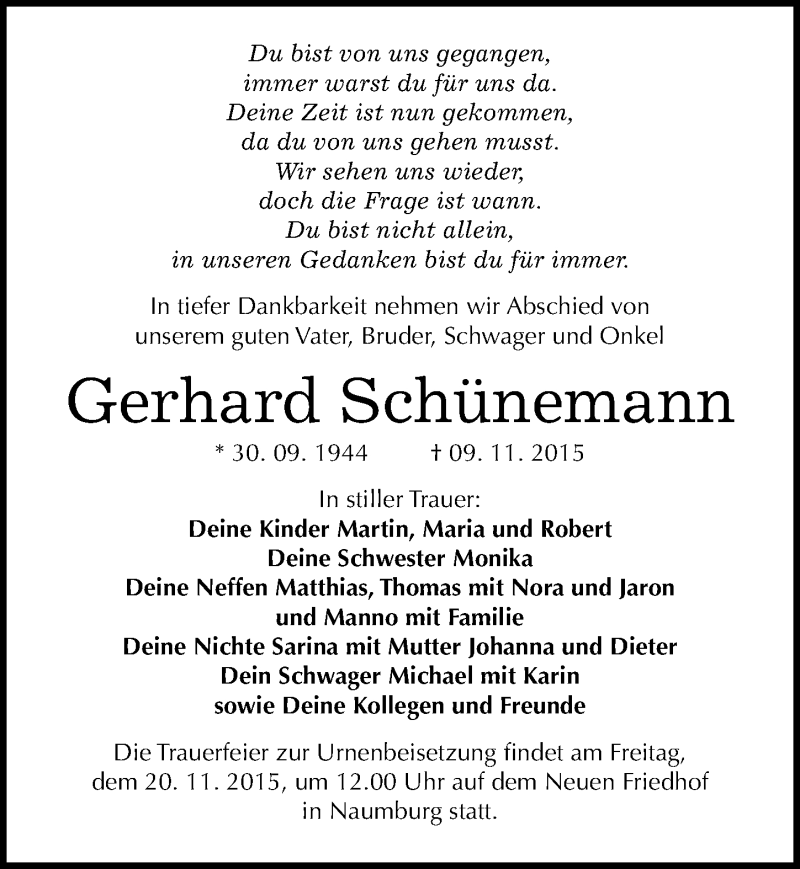  Traueranzeige für Gerhard Schünemann vom 14.11.2015 aus Mitteldeutsche Zeitung Naumburg/Nebra