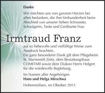 Traueranzeige von Irmtraud Franz von WVG - Wochenspiegel NMB / WSF / ZTZ