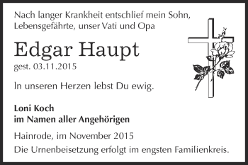 Traueranzeige von Edgar Haupt von Super Sonntag SGH Mansf. Land
