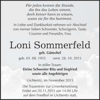 Traueranzeige von Loni Sommerfeld von WVG - Wochenspiegel NMB / WSF / ZTZ