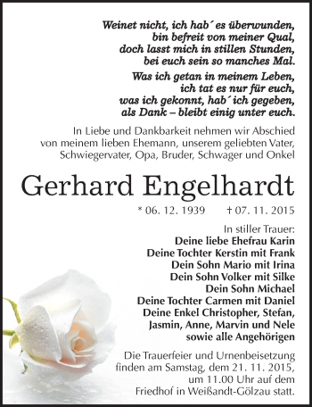 Traueranzeige von Gerhard Engelhardt von Mitteldeutsche Zeitung Köthen