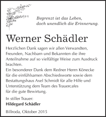 Traueranzeige von Werner Schädler von WVG - Wochenspiegel NMB / WSF / ZTZ
