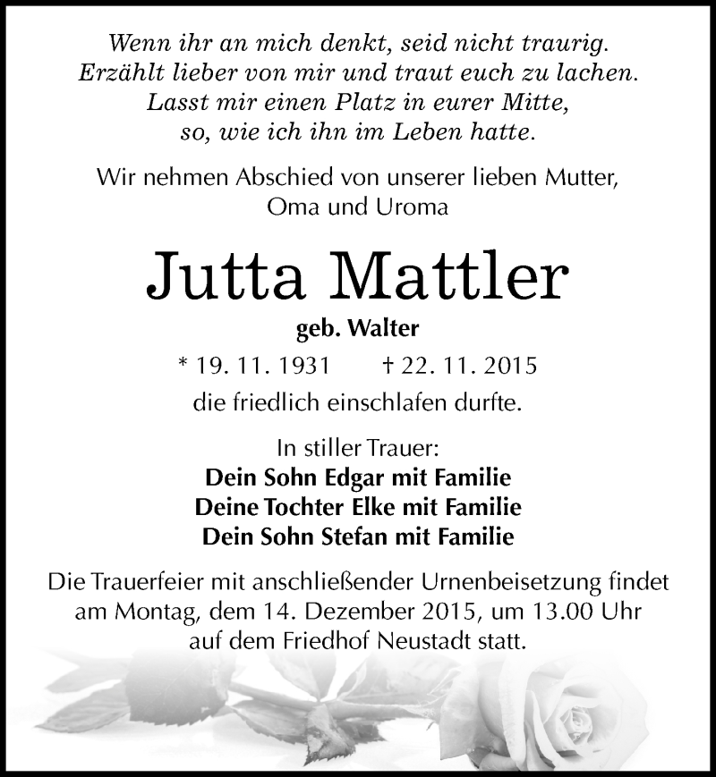  Traueranzeige für Jutta Mattler vom 28.11.2015 aus Mitteldeutsche Zeitung Halle/Saalkreis