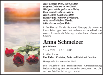 Traueranzeige von Anna Schmelzer von WVG - Wochenspiegel Quedlinburg