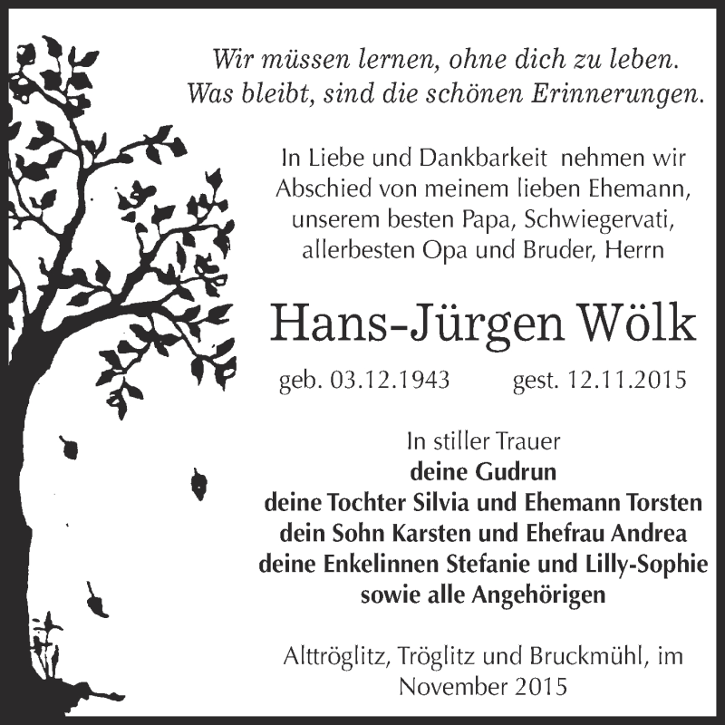  Traueranzeige für Hans-Jürgen Wölk vom 21.11.2015 aus Super Sonntag Zeitz