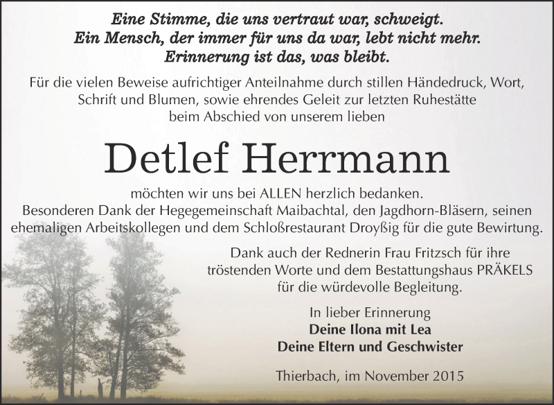  Traueranzeige für Detlef Herrmann vom 14.11.2015 aus Super Sonntag Zeitz