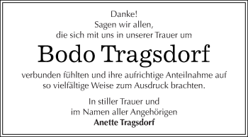 Traueranzeige von Bodo Tragsdorf von WVG - Wochenspiegel Dessau / Köthen