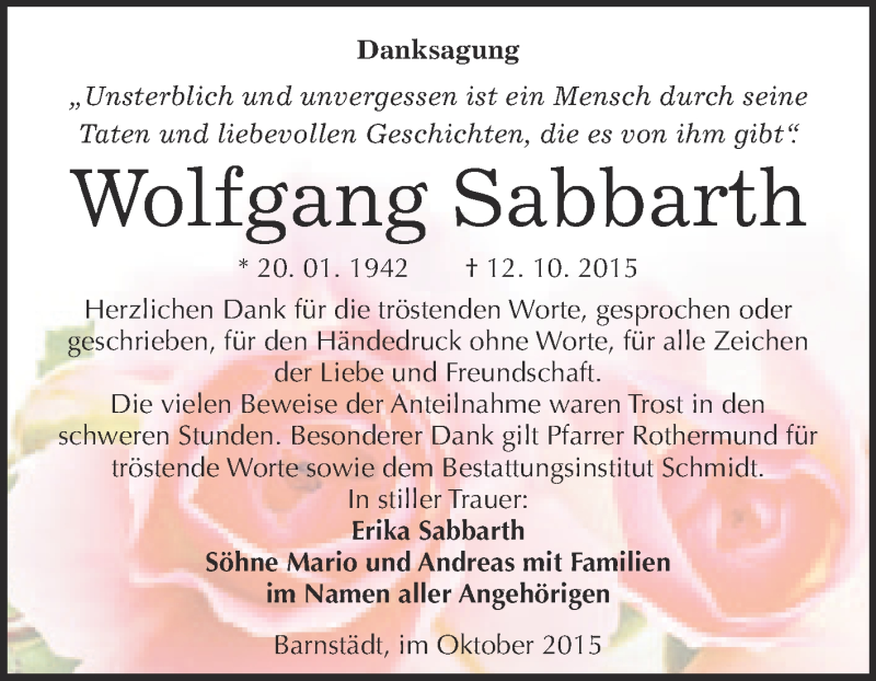  Traueranzeige für Wolfgang Sabbarth vom 07.11.2015 aus WVG - Wochenspiegel Merseburg